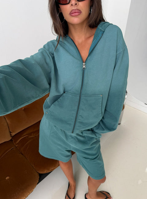 AT Zip Through Oversized Hoodie Washed Teal