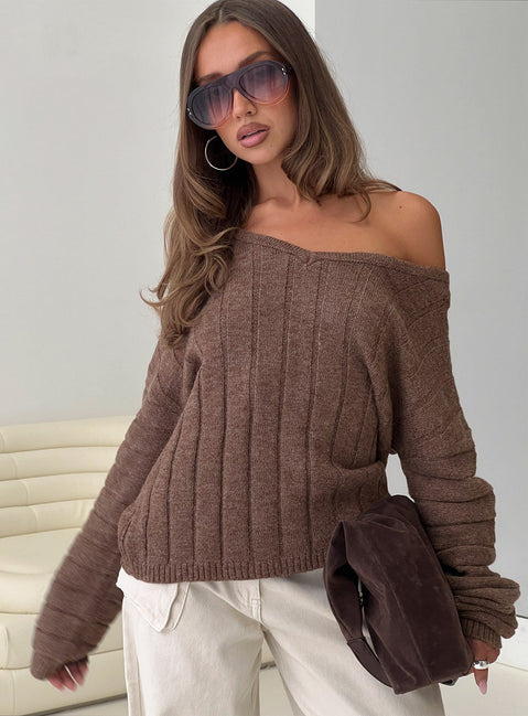 back view of model wearing Princess Polly Main Thing Knit Sweater Mocha 