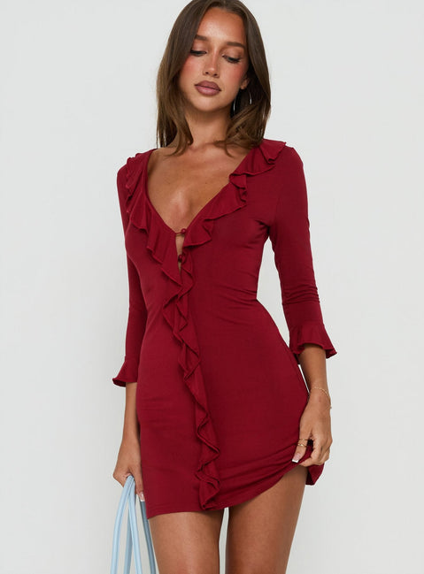 Venice Baby Knit Frill 3/4 Sleeve Mini Dress Wine