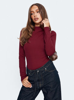 side view of model wearing Princess Polly Augustness Long Sleeve Bodysuit Burgundy Long Sleeve Tops 