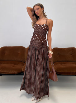 Marguerite Halter Maxi Dress Brown Polka Dot