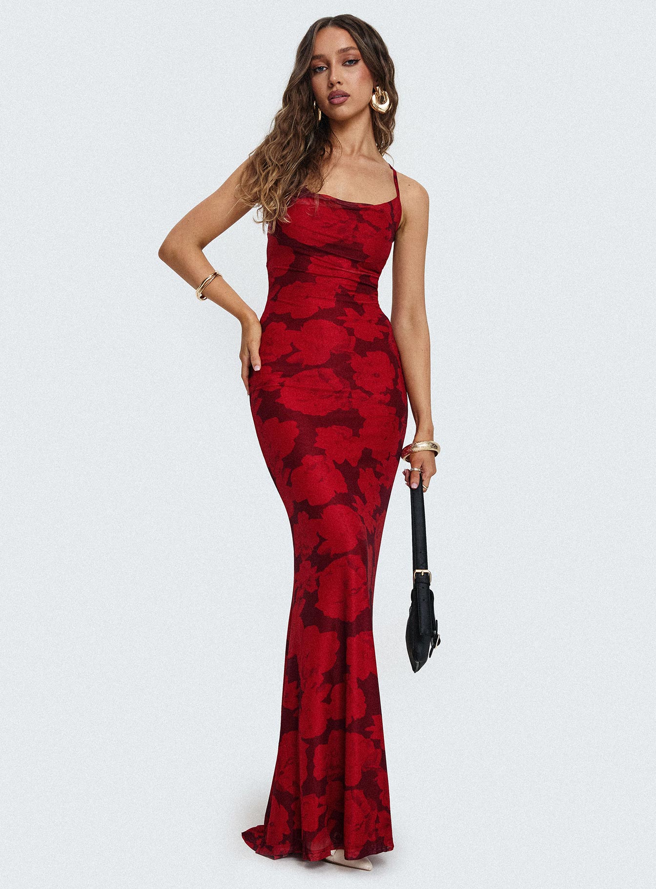 front view of model wearing Princess Polly Rosarie Maxi Dress Multi Cowl Neck 