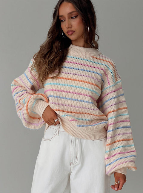 front view of model wearing Princess Polly Harmony Balloon Sleeve Knit Sweater Multi 