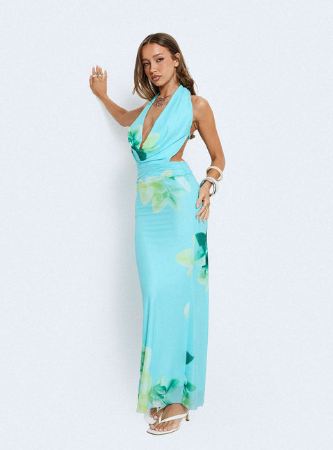 Tigress Halter Maxi Dress Blue Floral