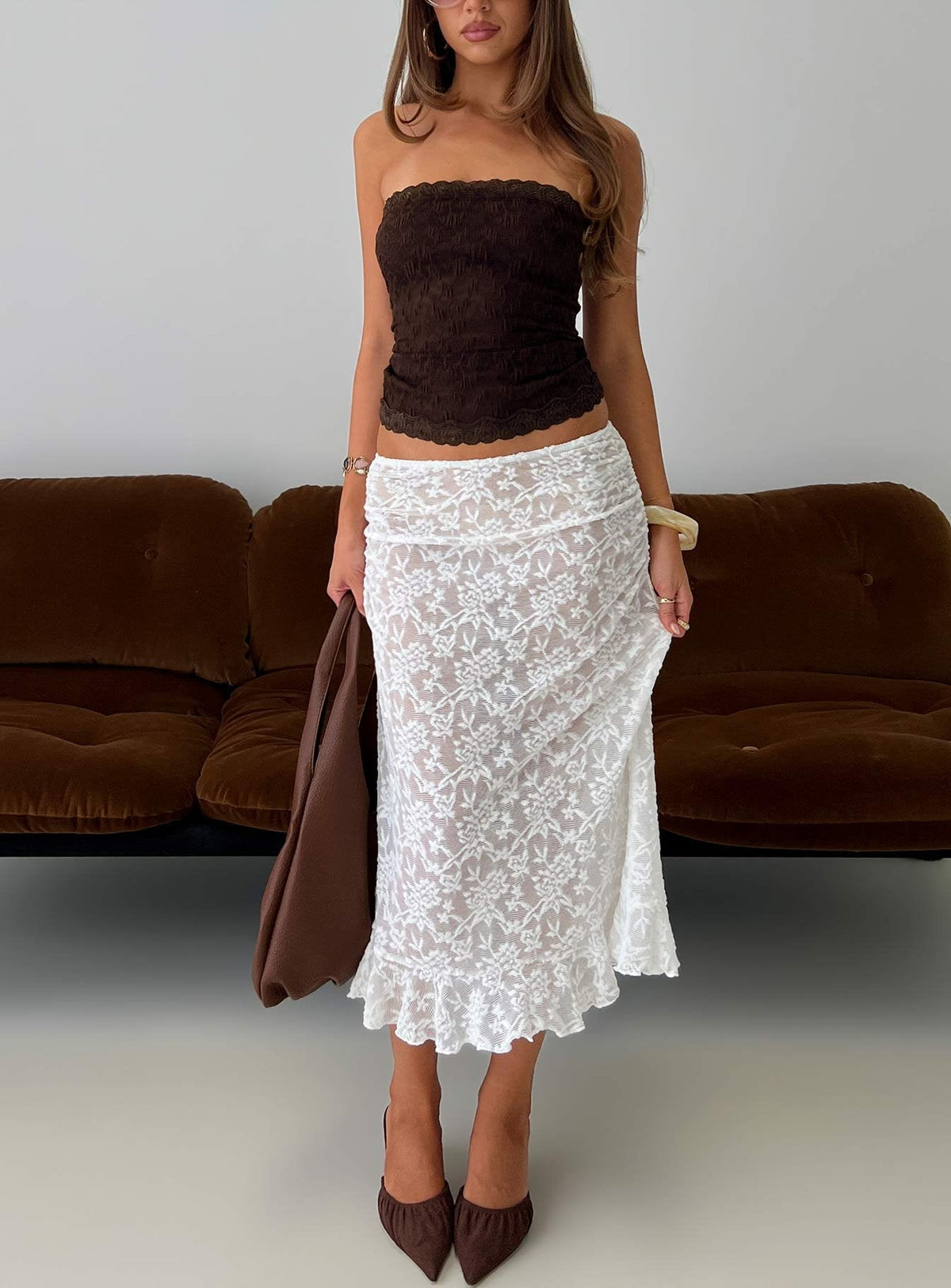   front view of model wearing Princess Polly Toscani Lace Frill Midi Skirt White Midi Skirts Skirts 