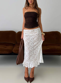   front view of model wearing Princess Polly Toscani Lace Frill Midi Skirt White Midi Skirts Skirts 