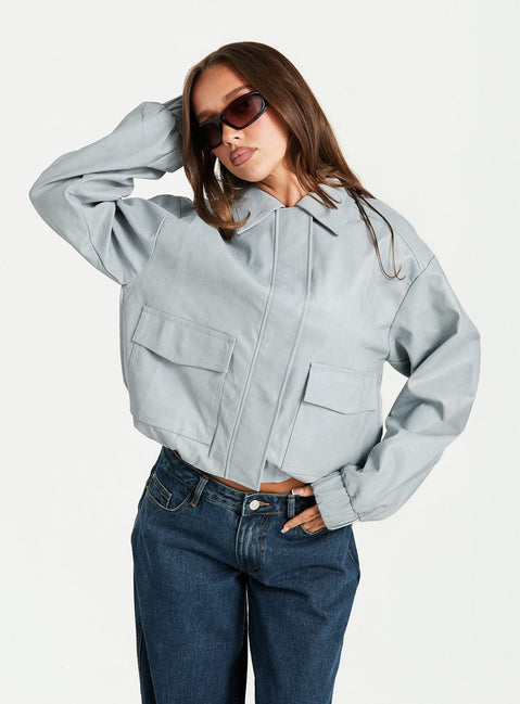 Soulstars Faux Leather Bomber Jacket Ice Blue