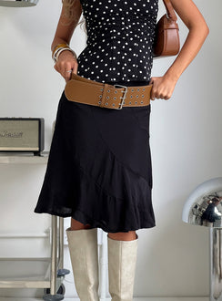   side view of model wearing Princess Polly With Kindness Midi Skirt Black 