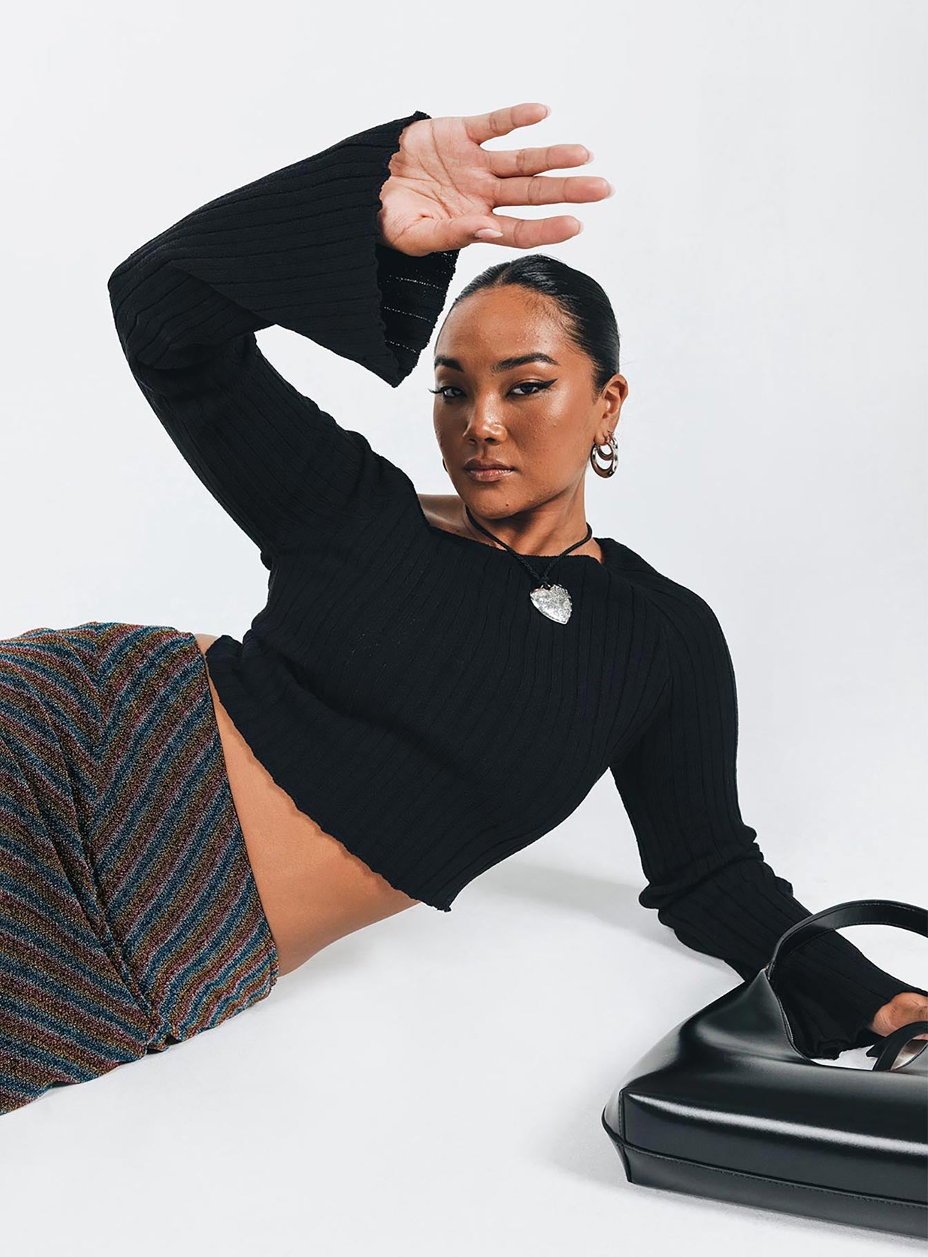 Front view of model wearing  front Princess Polly Full Sleeves High Neck  Santorini Knit Top Black