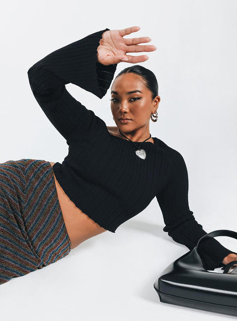 Front view of model wearing  front Princess Polly Full Sleeves High Neck  Santorini Knit Top Black