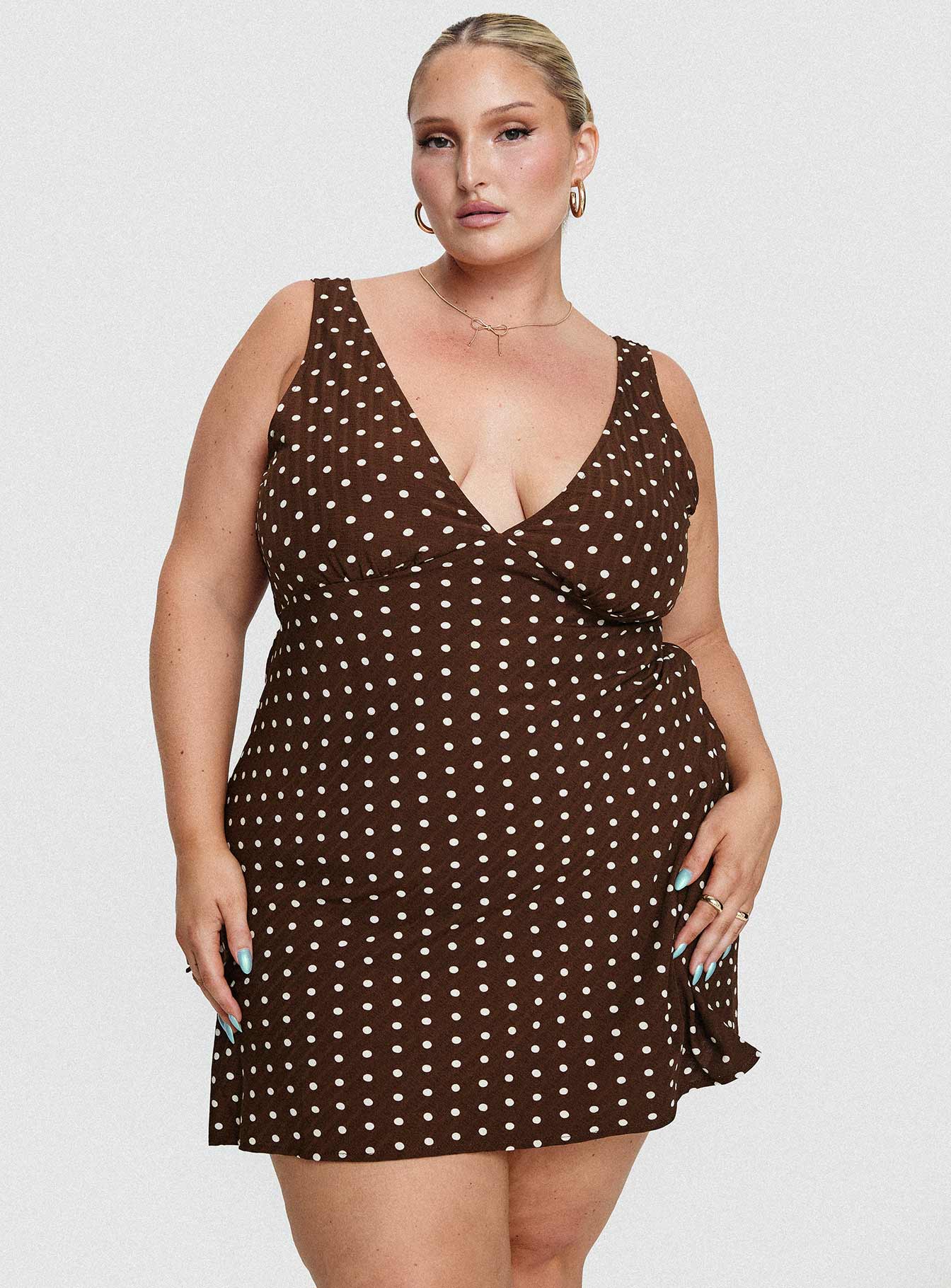 Nellie Mini Dress Brown Polka Dot Curve | Princess Polly Nellie Mini Dress Brown Polka Dot Curve | Princess Polly
