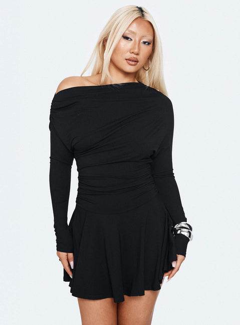 black one shoulder long sleeve mini dress Bewitched One Shoulder Mini Dress Black