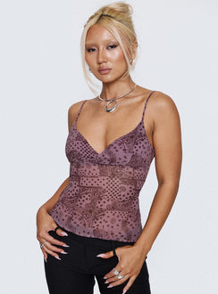 side view of model wearing Princess Polly Thank The Angels Backless Top Purple Sleeveless Plunger 