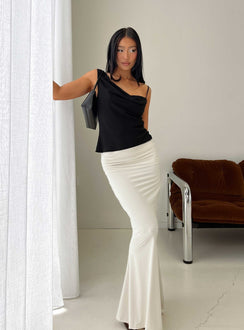 Showcasing the Liorah Foldover Waist Maxi Skirt Cream in womens-skirts with maxi length front view of model wearing Princess Polly