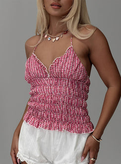 back view of model wearing Princess Polly Eliette Ruched Top Pink Check Sleeveless Plunger 