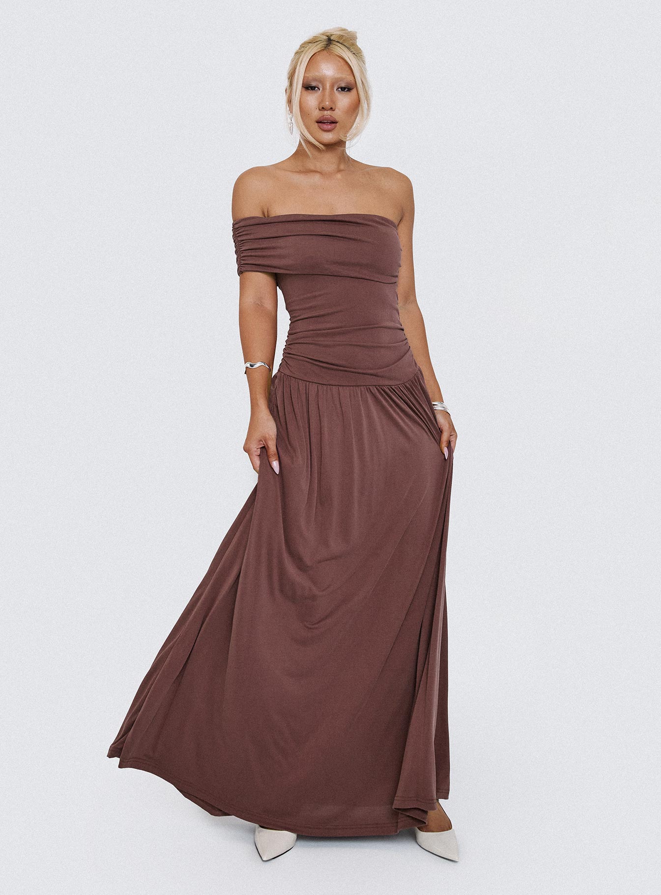 front view of model wearing Princess Polly Decadence Strapless Maxi Dress Brown Straight Neck 