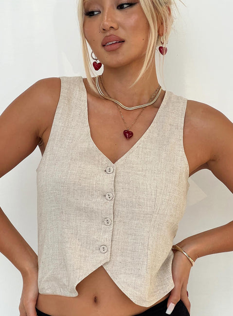 front view of model wearing Princess Polly Sofi Vest Top Beige Sleeveless V-Neck 
