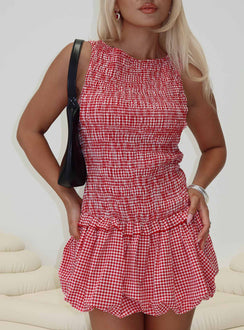 front view of model wearing Princess Polly Radiostar Shirred Mini Dress Red Crew Neck 