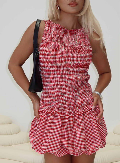 front view of model wearing Princess Polly Radiostar Shirred Mini Dress Red Crew Neck 