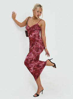 side view of model wearing Princess Polly Hathaway Maxi Dress Burgundy Floral V-Neck 