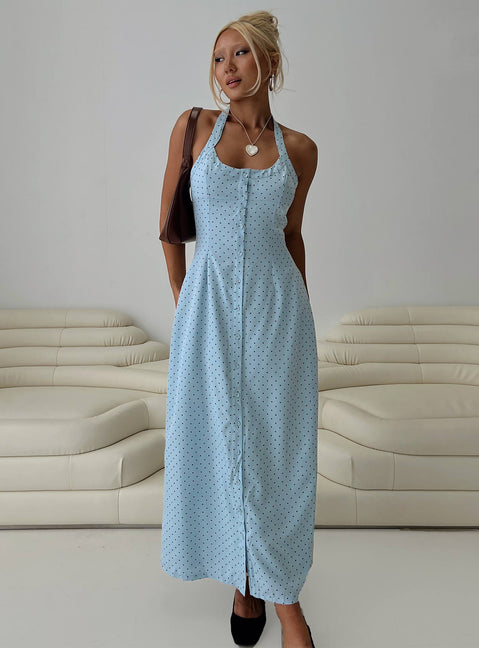 front view of model wearing Princess Polly Mallorie Halter Maxi Dress Blue / Black Polka Scoop Neck 