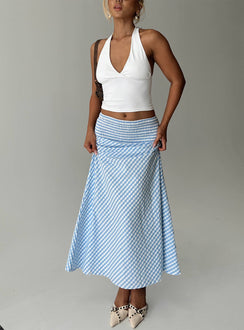   front view of model wearing Princess Polly Every Girl Shirred Maxi Skirt Blue Check Maxi 