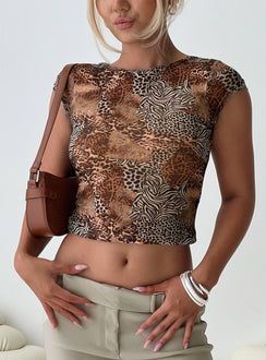 front view of model wearing Princess Polly Tied In Short Sleeve Top Leopard Short Sleeves Crew Neck 