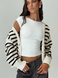 front view of model wearing Princess Polly Karlson Striped Cardigan Cream / Black cropped 