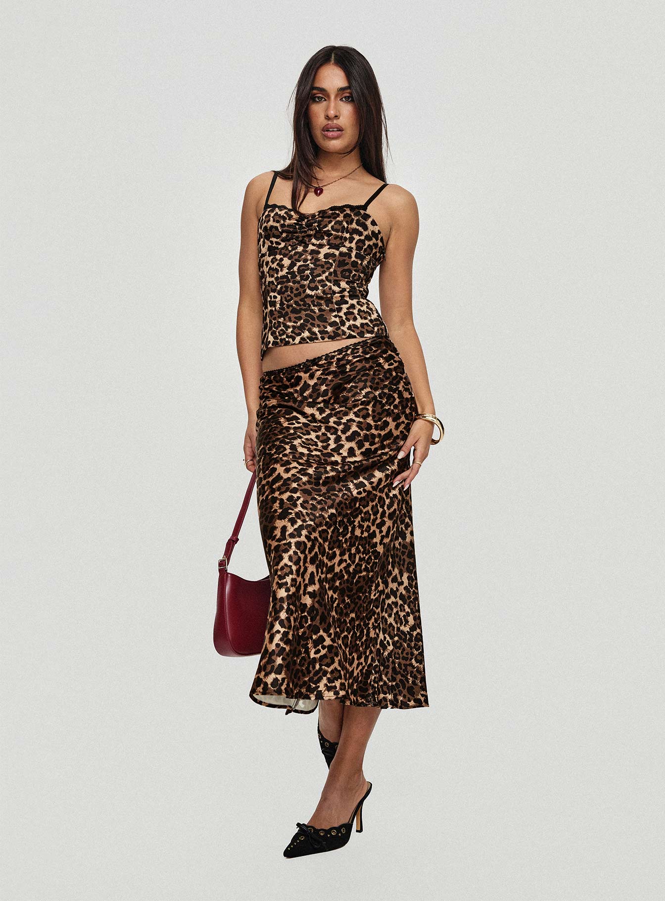   front view of model wearing Princess Polly Enigmatic Maxi Skirt Leopard Maxi 