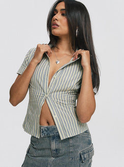 back view of model wearing Princess Polly Peppy Shirt Stripe Short Sleeves V-Neck 