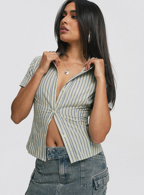 back view of model wearing Princess Polly Peppy Shirt Stripe Short Sleeves V-Neck 