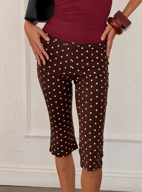 back view of model wearing Princess Polly Samaira Capri Pant Brown Polka Dot Mid Rise Pants 