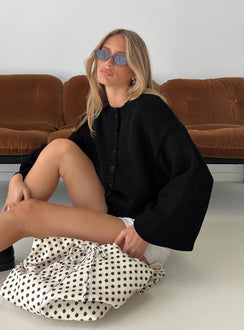 side view of model wearing Princess Polly Edern Cardigan Black Cropped Jumpers Jumpers 