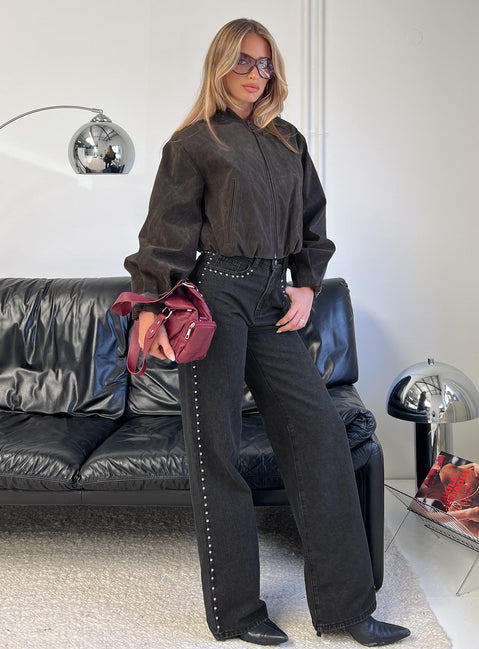 front view of model wearing Princess Polly Saving Up Stud Detail Jeans Jet Black High Rise Jeans 