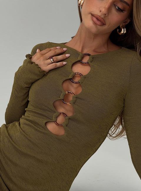 back view of model wearing Princess Polly Dejonge Ring Mini Dress Olive Crew Neck 