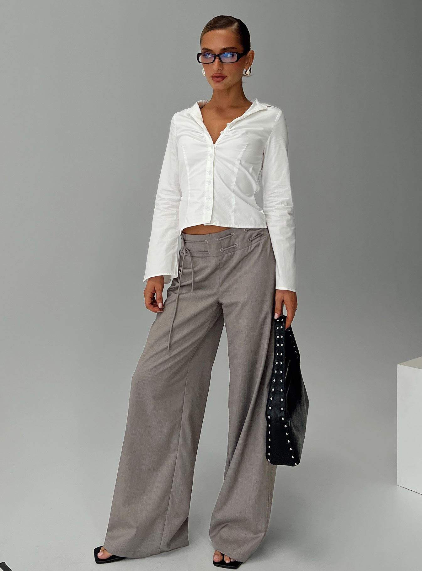 front view of model wearing Princess Polly Just Have Fun Wide Leg Pant Grey Tall High Waisted Pants 