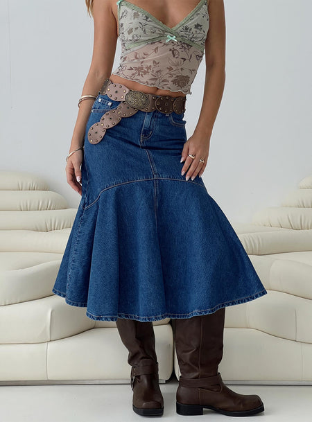Denim midi skirt Belt looped waist, classic five pocket design, button & zip fastening, peplum hem Non-stretch material, unlined 