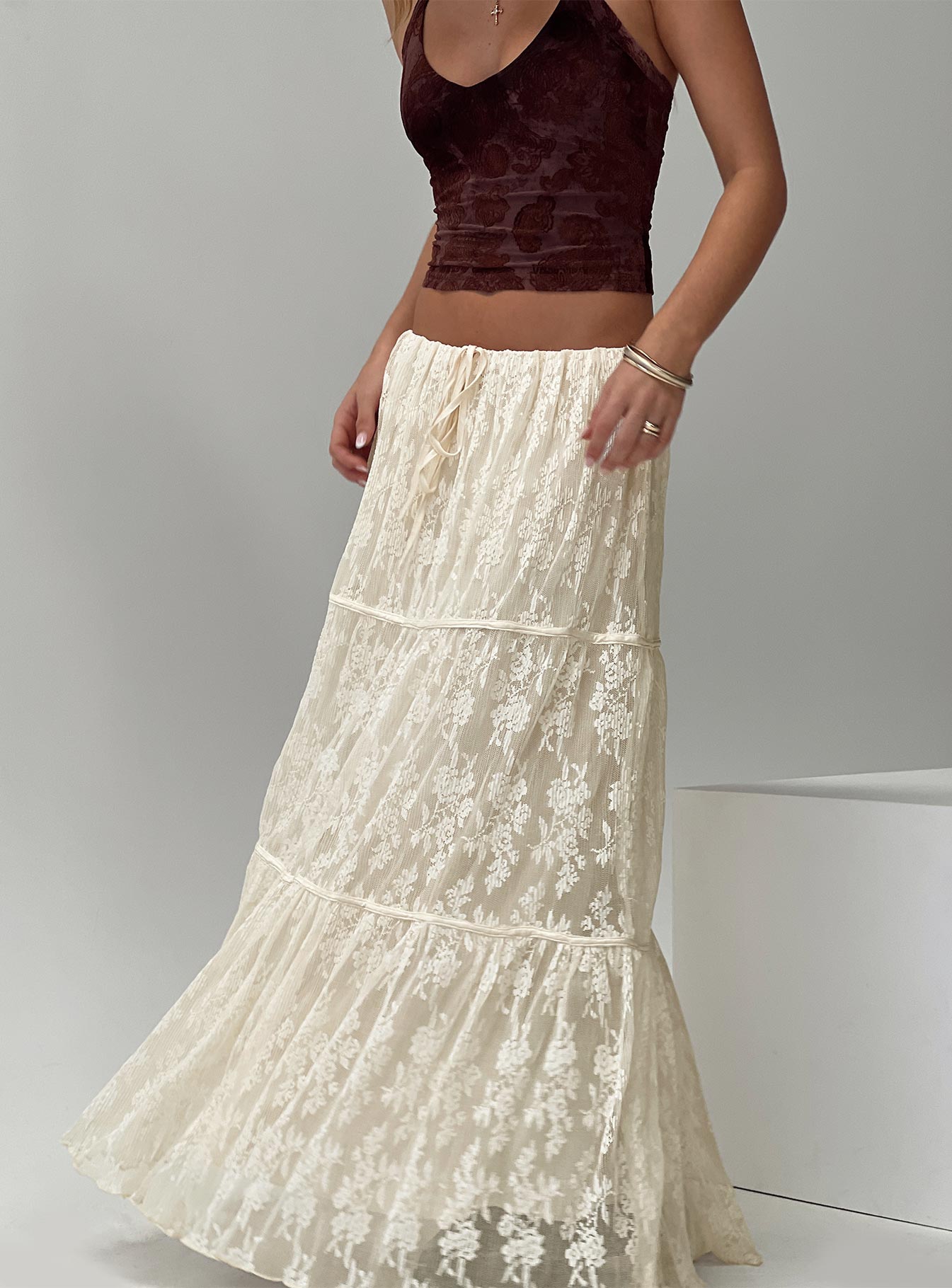 back view of model wearing Princess Polly Oh Plisse Maxi Skirt Cream Maxi 