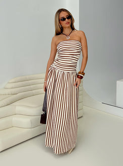 front view of model wearing Princess Polly Adessa Strapless Maxi Dress Multi Straight Neck 