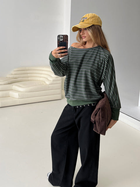 back view of model wearing Princess Polly Zaylah Contrast Cuff Jumper Green Long 