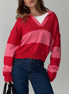 Sweater V neckline, classic collar, striped print, drop shoulder Good stretch, unlined 