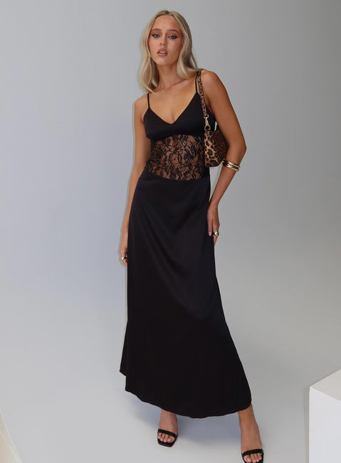 front view of model wearing Princess Polly Captivate Lace Maxi Dress Black V-Neck 