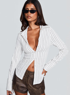 front view of model wearing Princess Polly Madlin Long Sleeve Top Beige Stripe Full Sleeves V-Neck 
