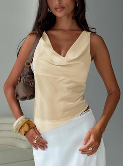 front view of model wearing Princess Polly Pretty Little Fears Cowl Neck Top Beige Sleeveless Cowl 