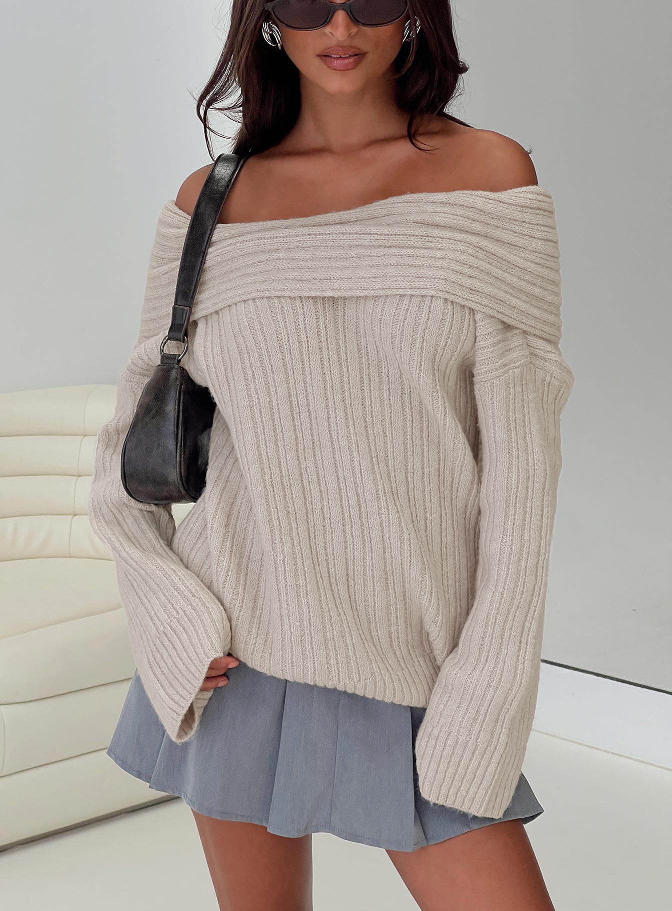 front view of model wearing Princess Polly Mirrelle Off Shoulder Knit Sweater Beige Long 