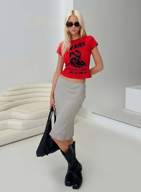 back view of model wearing Princess Polly Amren Midi Skirt Black / Beige Midi Skirts 