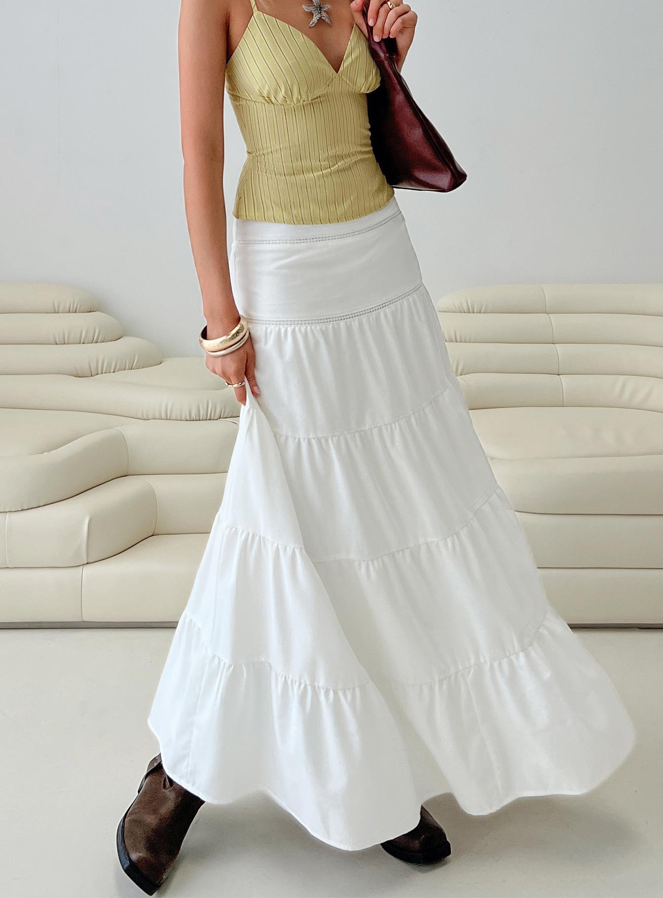   front view of model wearing Princess Polly Snowy River Tiered Maxi Skirt White Maxi 