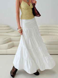   front view of model wearing Princess Polly Snowy River Tiered Maxi Skirt White Maxi 