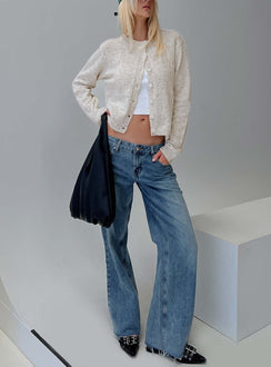 front view of model wearing Princess Polly Sabryna Low Rise Jeans Blue Low Rise Jeans 