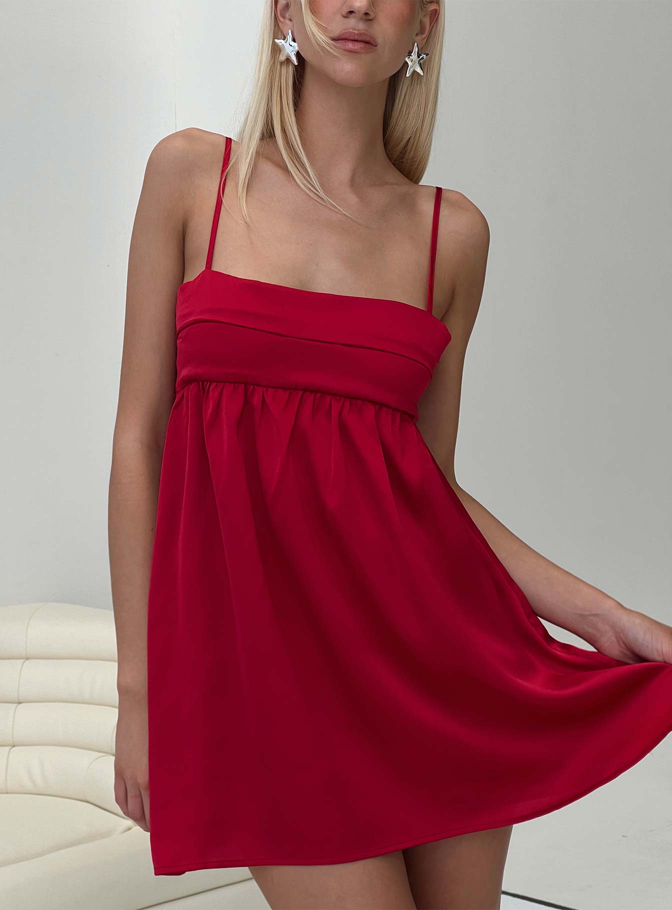 front view of model wearing Princess Polly Ortega Mini Dress Red Square Neck 